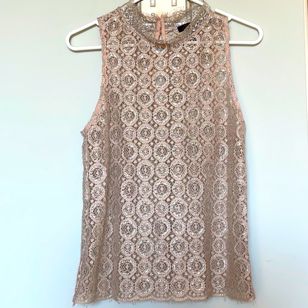 Aqua Blush Pink Lace Sleeveless Mock Neck Top
